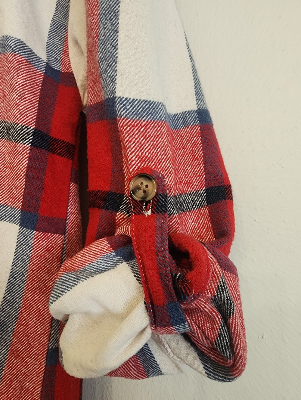 Plaid Flannel Dress Duster Button Down Long Sleeve Red White Med Dizzy Lizzy - Picture 6 of 15